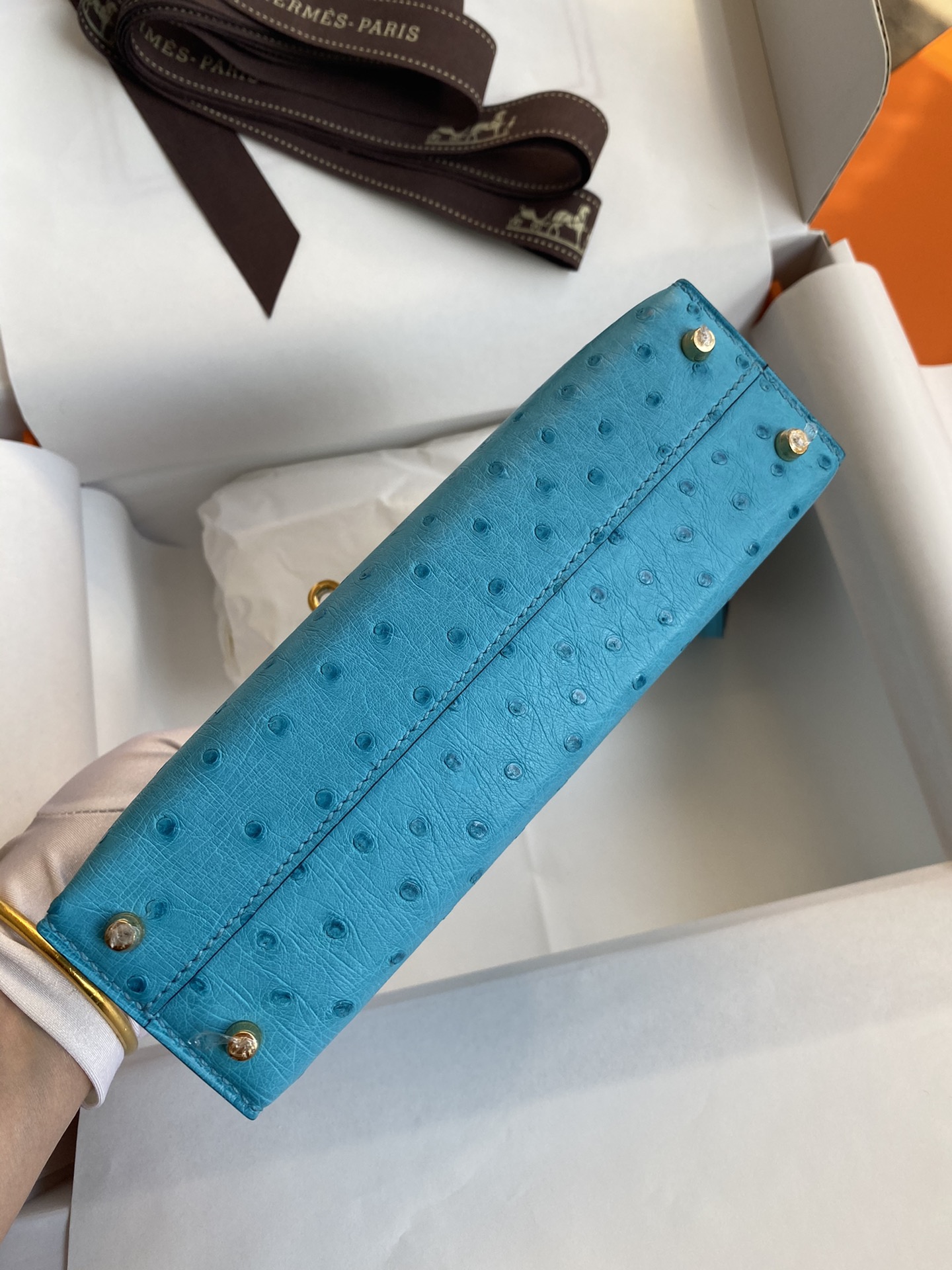 Hermes Kelly Mini II Bag 19CM In Blue Lagon Ostrich Leather